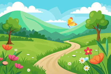 Fototapeta premium A lush green meadow with wildflowers, a winding path, and a butterfly fluttering. Vector landscape illustration