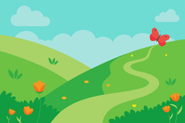 A lush green meadow with wildflowers, a winding path, and a butterfly fluttering. Vector landscape illustration