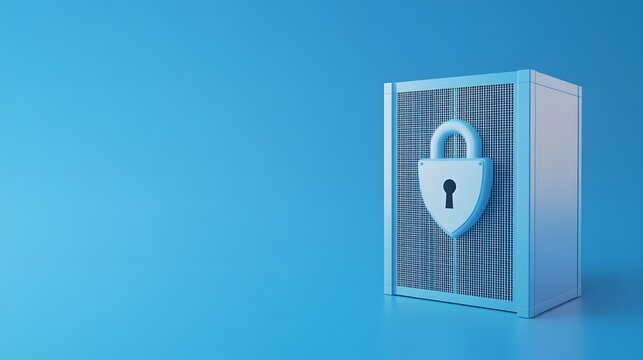 A secure server unit with a padlock symbol, representing data protection and cybersecurity in a modern technological environment.