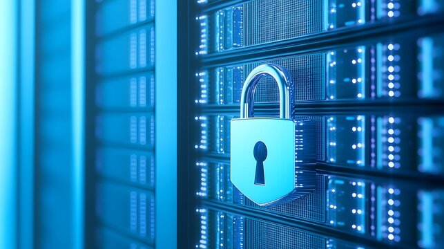 A secure server room with a padlock symbolizing data protection, cybersecurity, and information safety measures in a tech environment.