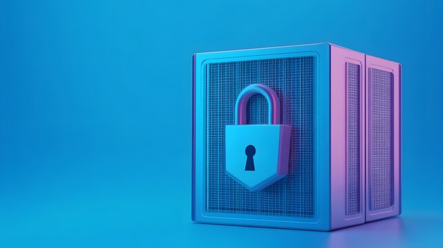 A secure server with a padlock symbol representing data protection and cybersecurity on a blue background.