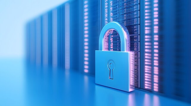 A secured server system with a padlock symbolizing data security and protection, glowing with blue and purple lights.