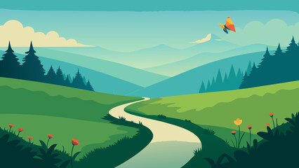 Obraz premium A lush green meadow with wildflowers, a winding path, and a butterfly fluttering. Vector landscape illustration