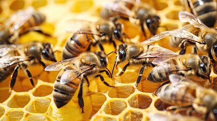 A group of honeybees are sitting on honeycombs. The bees are busy spreading and draining the nectar. Beekeeping. The insect is a pollinator. Illustration for cover, poster, brochure or presentation.