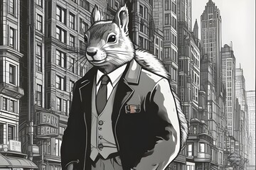  Against a stark black background, the squirrel is a hard-boiled detective in a noir-style city.