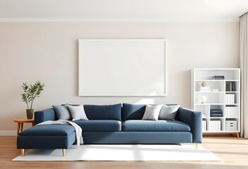 A modern living room with a large sofa and blank framed  on wall, and a wooden coffee table on a light colored hardwood floor