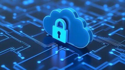 Abstract digital cloud security concept with a lock symbol, representing data protection and cyber security on a blue circuitry background.