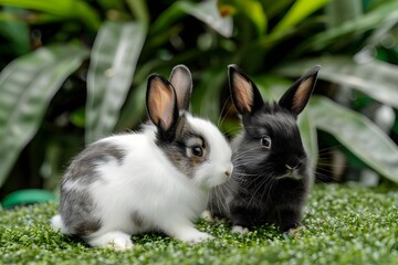 Two black and white rabbits are playing on the grass in sunlit, Black and white rabbits in natural grass
