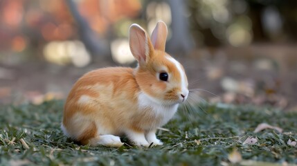 Fototapeta premium Cute brown rabbits playing on the grass on blur background.