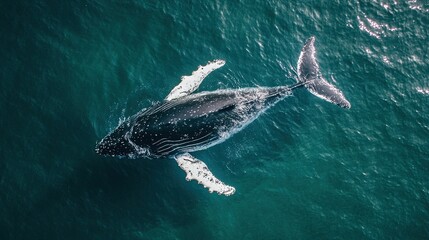 Fototapeta premium Aerial view of an enormous humpback whale with black and white stripes