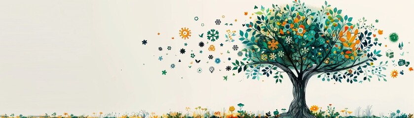 Obraz premium Tree with green technology and recycling symbols minimalistic flat white background style space for text