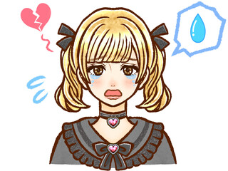 悲しんで涙を流す地雷系金髪ツインテール女性のイラスト素材