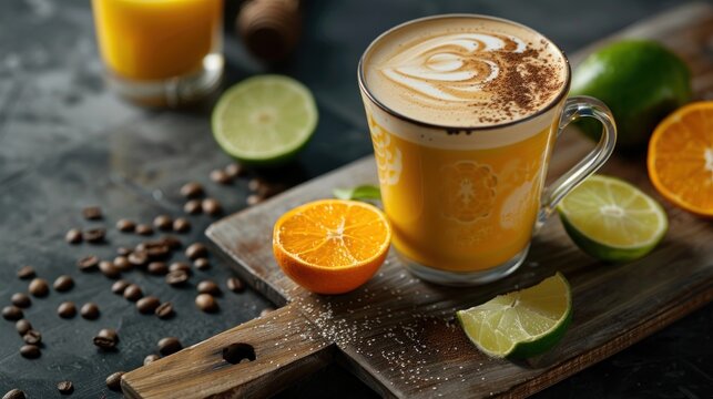 A Cup of Coffee with Citrus and Coffee Beans