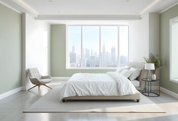 Interior of  A bedroom with a wooden bed frame, and a blank white framed wall art above the bed. The room has a warm, inviting atmosphere 