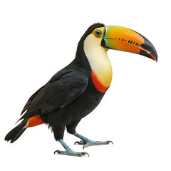 Fototapeta premium A colorful toucan bird with a large, brightly colored beak, isolated on a white background. Transparent PNG for versatile use. Perfect for educational materials, nature-themed designs, or tropical bra