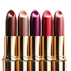 Obraz premium Row of Lipsticks in Gold Tubes on Transparent Background Isolated on Transparent or White Background, PNG