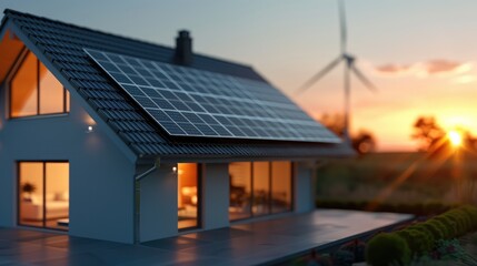 Obraz premium A cozy, modern house equipped with solar panels on the roof, with a wind turbine visible in the background at sunset. highlights renewable energy sources in a residential setting.
