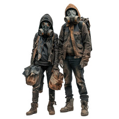 Fototapeta premium Two survivors wearing gas masks and holding bags, facing a difficult future