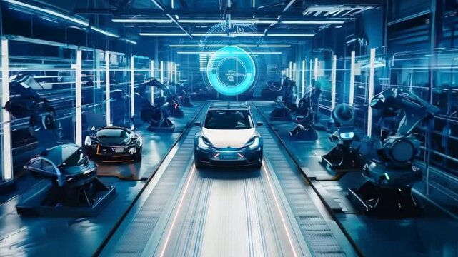 Automated robotics futuristic electric cars factory production line with statistics of production and efficiency. Industrial in the future concept.