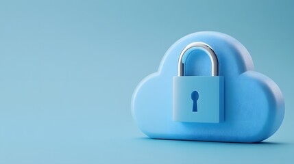 Blue cloud shape with a secure padlock representing cloud security and data protection on a blue background.