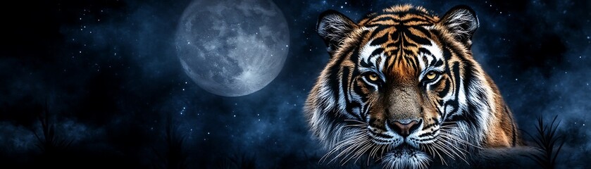 Obraz premium Night scene of a tiger under a starry sky, illuminated by moonlight, in a dreamy watercolor style