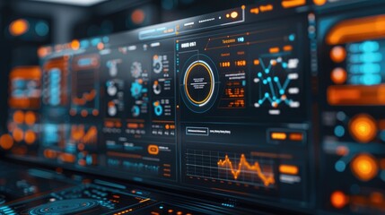 Fototapeta premium A futuristic digital interface displaying a variety of data visualizations, charts, and analytics. The vibrant colors and detailed graphics emphasize advanced data analysis technologies.