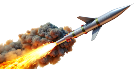 Missile rocket with fire trail isolated on white background. AI GENERATED