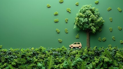 Tree with renewable energy and ecofriendly transport symbols minimalistic flat green background style space for text