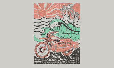 Motorcycle beach ride. Big wave artwork. Summer vibes artwork. Surf club design. Sunshine Surf club artwork. 