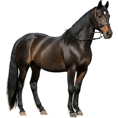 Obraz premium A bay horse in a bridle stands alertly, its coat gleaming. Transparent PNG for easy isolation. Ideal for equestrian, nature, or design projects.