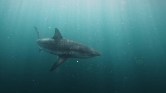 Sand tiger shark Carcharias taurus closeup full body shot, gray nurse shark, spotted ragged-tooth shark with school of horse eye jack underwater in sea. White dangerous shark. Marine nature sea animal