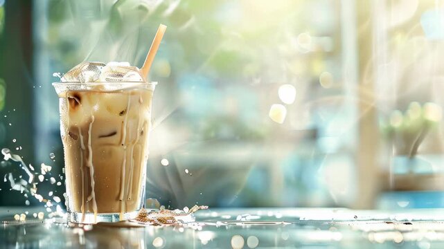 ced latte in a glass with a straw, surrounded by water drops.