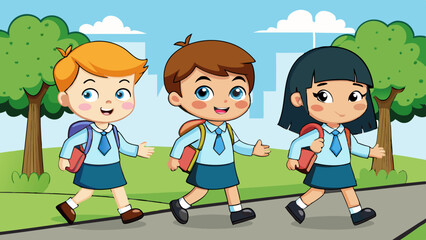 three kids in school uniform vector illustration