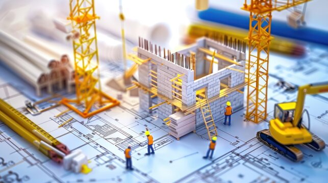 Generate a photo realistic image of a construction project team strategizing budget planning, with detailed financial charts and strategic plans; ensure the image is of high resolution for clear 