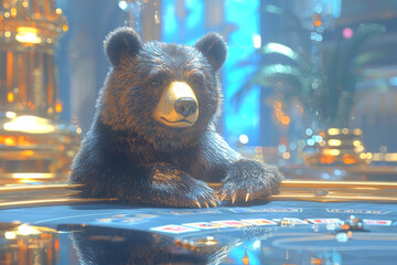 Animal Bear plays poker blackjack in a casino, fantasy