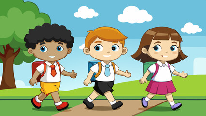 three kids in school uniform vector illustration