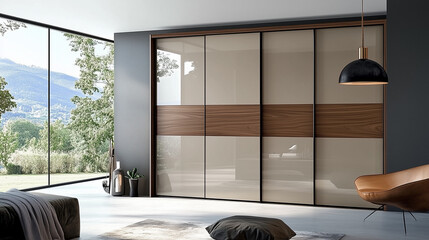 The small room has a sliding wardrobe whose doors fit perfectly into the limited space.