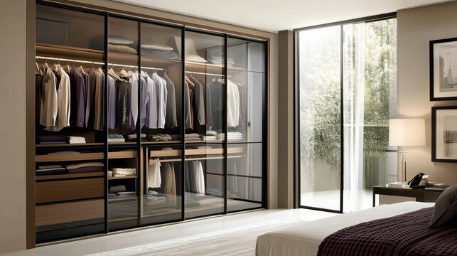 The small room has a sliding wardrobe whose doors fit perfectly into the limited space.