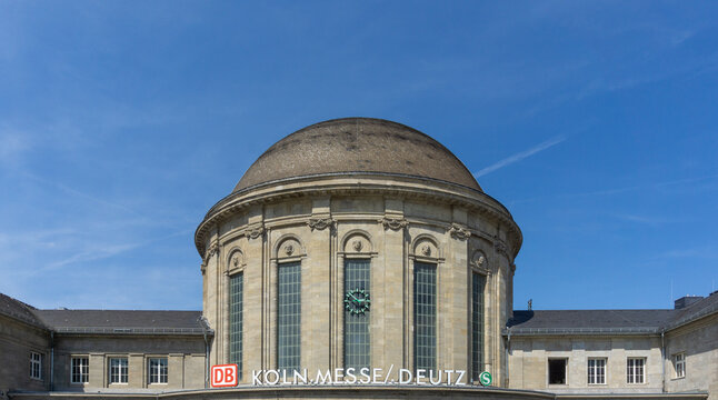 Cologne, Germany - May 12, 2024: Cologne Railway Station Trade Fair Building (K&ouml;ln Messe/Deutz station). Arrival and Entrance Gate.