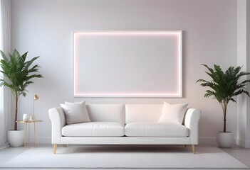 Interior of  A bedroom with a wooden bed frame, and a blank white framed wall art above the bed. The room has a warm, inviting atmosphere 