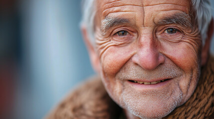 The face of a smiling older man shows his friendly and radiant face. His wrinkles, which add character, and his warm smile, express kindness and cheerfulness.