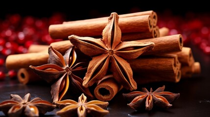Close up of intertwined cinnamon sticks and star anise