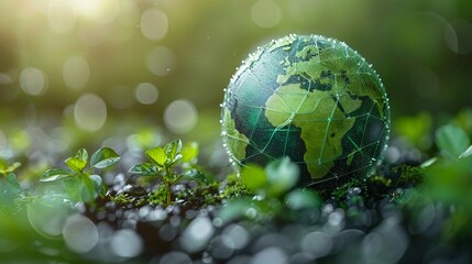Globe with green technology and water conservation minimalistic flat blue background art space for text