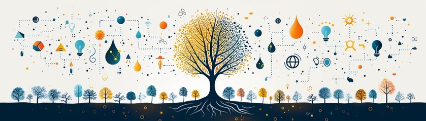 Obraz premium Tree with water conservation and renewable energy symbols minimal icon flat white background illustration space for Ad