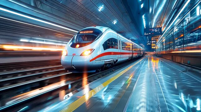High-Speed Train in Modern Station Captured in Dynamic Motion Under Vibrant Lighting