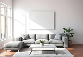 Interior of  A bedroom with a wooden bed frame, and a blank white framed wall art above the bed. The room has a warm, inviting atmosphere 