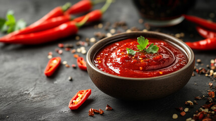 The plate is decorated with spicy chili sauce and peppers, which create a distinctive element against a plain background.