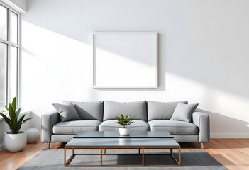Interior of  A bedroom with a wooden bed frame, and a blank white framed wall art above the bed. The room has a warm, inviting atmosphere 