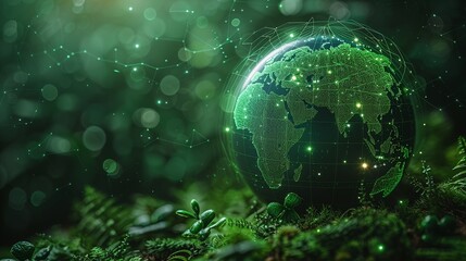 Globe with energyefficient technology and sustainable transport minimal icon flat blue background digital art space for Ad