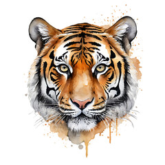  Watercolor portrait of a tiger with piercing gaze and detailed fur. Transparent PNG for versatile use. Perfect for wildlife art, conservation projects, or designs with a touch of wildness.